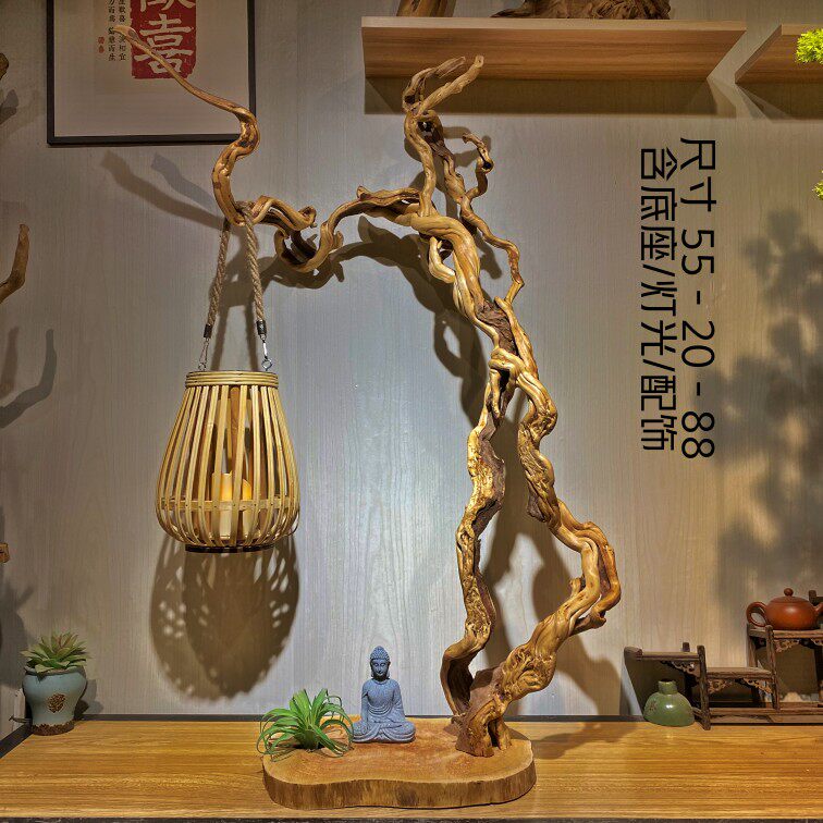 根雕实木落地灯客厅摆件崖柏
