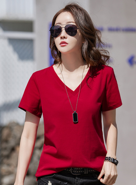 2023本命年红色纯棉V领短袖t恤女夏季韩版宽松休闲正肩大码上衣