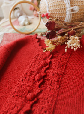 日本单纯羊毛纯手工立体钩花红色清新田园风宽松慵懒短款复古毛衣