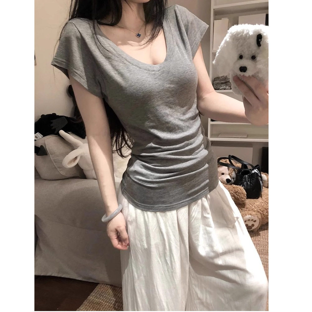 美式灰色深V领收腰短袖女士正肩T恤