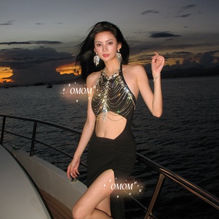 高级感性感镂空闪钻连体泳衣沙滩长裙温泉海岛度假泳衣三件套6010