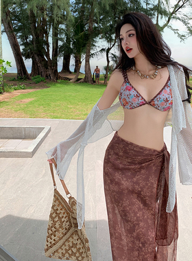 高级感复古印花比基尼四件套披纱拍照出片温泉海边度假泳衣95207