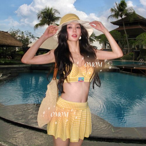 【奶油华夫饼】显白黄色少女格纹bikini沙滩温泉度假分体泳衣5009