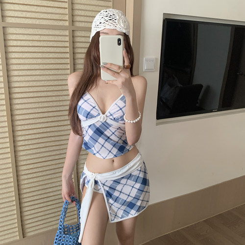 美式学院蓝白格纹分体泳衣三件套甜辣风泡温泉海岛度假泳装2736