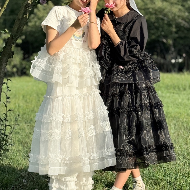 日系欧根纱裙套装背心上衣和半身裙叠穿高腰娃娃裙仙气温柔两件套