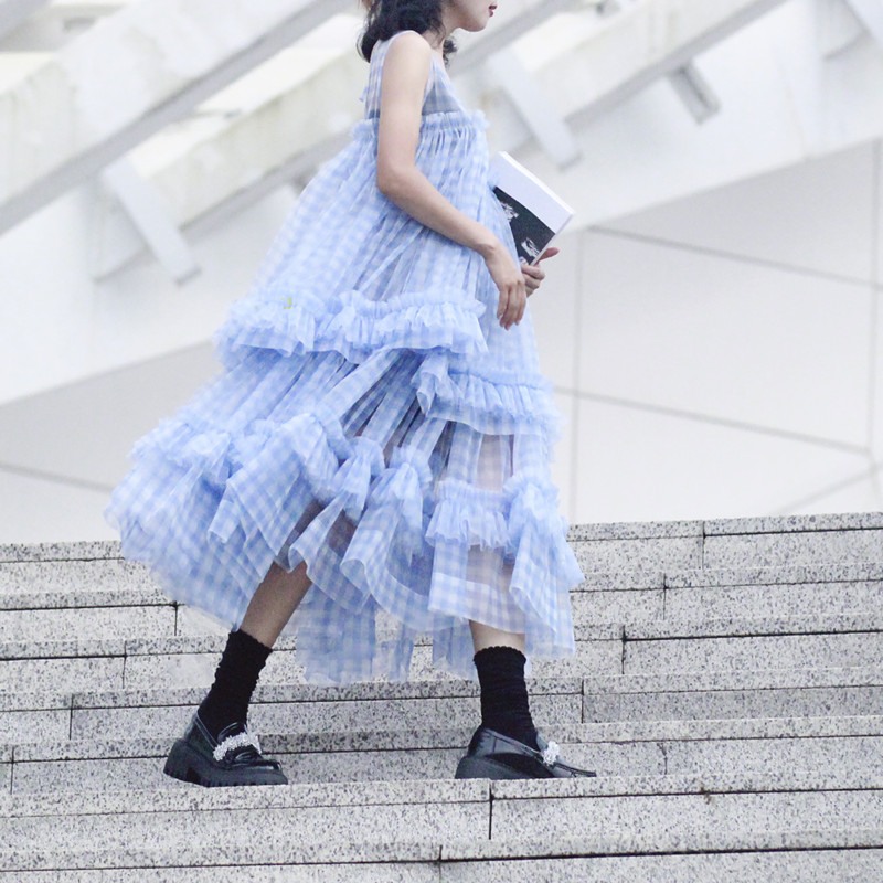 甜酷宽松网纱格子少女减龄