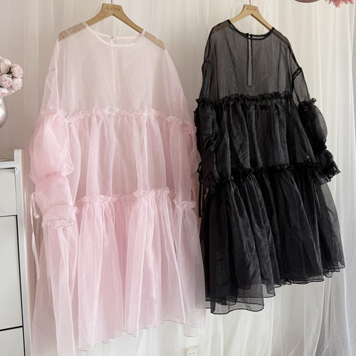 长袖宽松罩裙日系叠穿欧根纱连衣裙公主花边罩衫高腰荷叶边小众