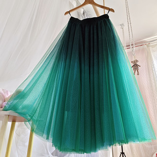 540度大摆伞裙闪粉中长款重工黑绿渐变网纱半身裙小众设计师款