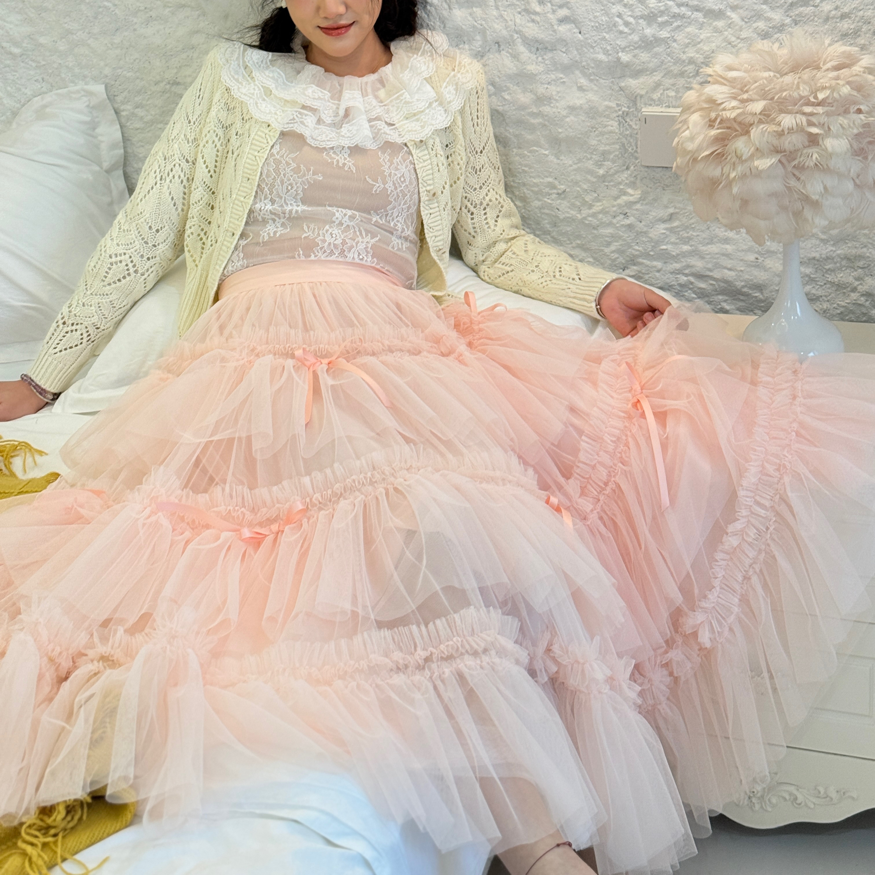 软妹风高腰大摆蛋糕裙蝴蝶结网纱半身裙甜美少女多层仙女风长裙,个性定制/设计服务/DIY,半身裙加工定制,淘宝优惠券,粉丝福利购,淘宝优惠卷