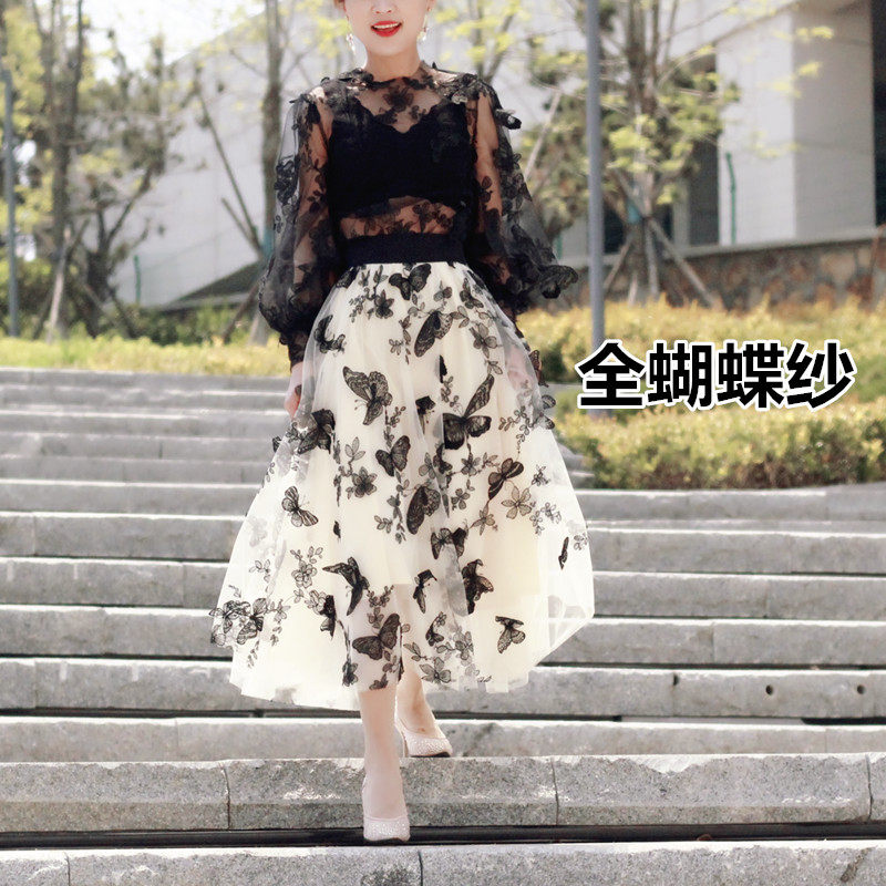 重工刺绣立体蝴蝶白色仙女级多层纱裙中长款半身裙小个子大摆裙