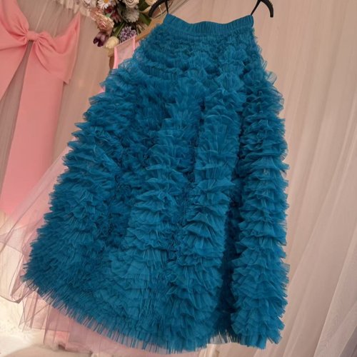 甜美公主层层叠叠蓝色花苞半身裙