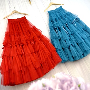 过年迎春战袍原创纱裙多层次蛋糕裙大摆裙高腰显瘦网纱半身裙