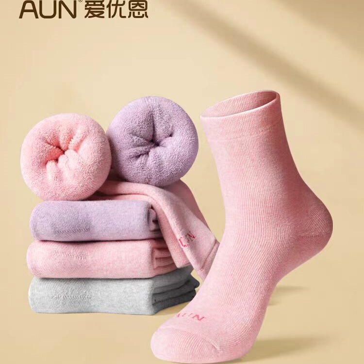 AUN袜子MW203中筒毛圈袜秋冬厚款加绒加厚毛巾底防寒保暖长筒女袜