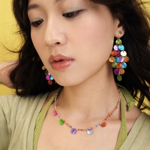 BOMBCACA夏日终曲系列 人鱼的盛装 贝壳亮片民族风彩色流苏款耳环