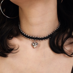 BOMBCACA禁锢之爱 重工串珠银色爱心甜酷项链日常百搭品质choker