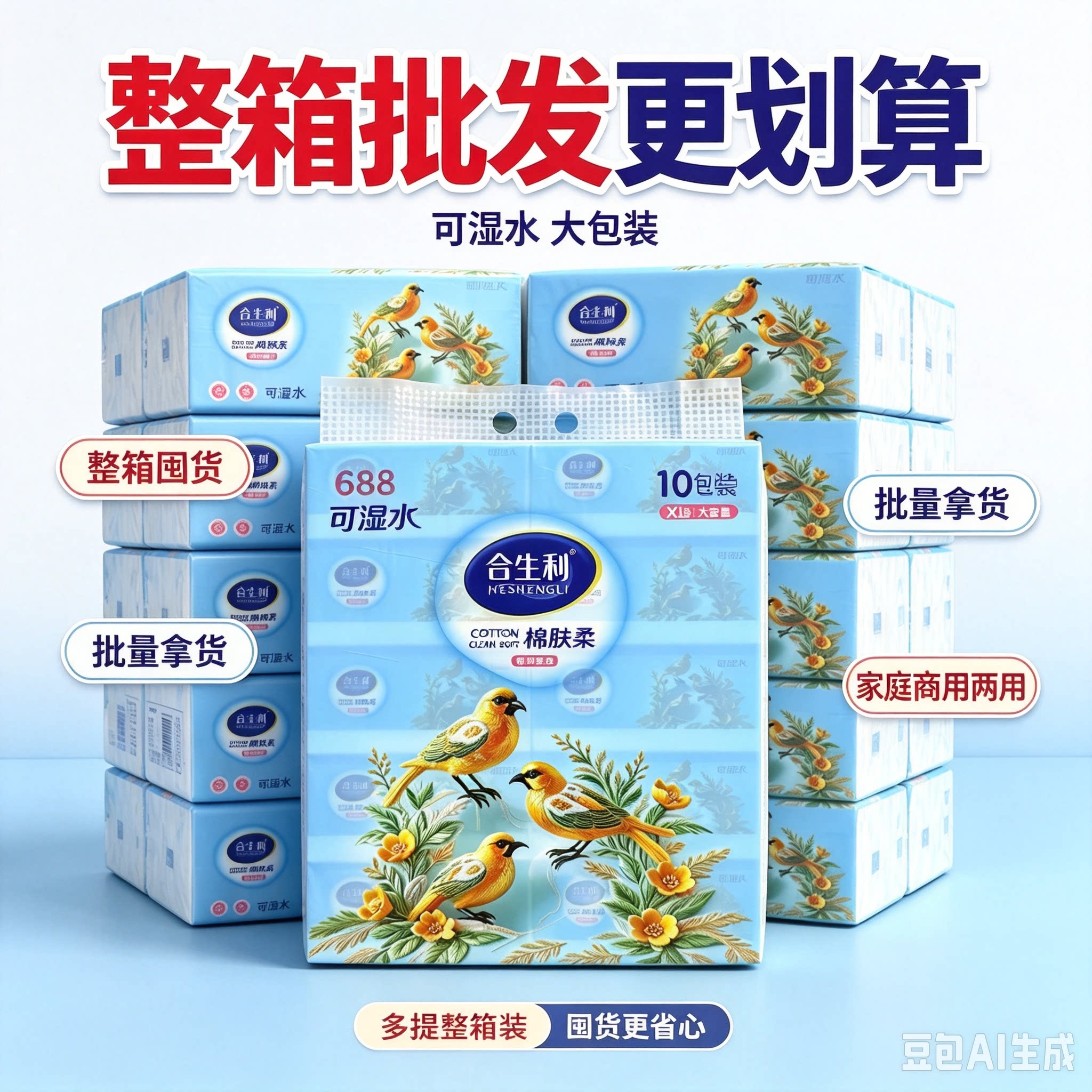 【整件批发】合生利棉肤柔抽纸加厚可湿水XL码家用实惠面巾纸商用