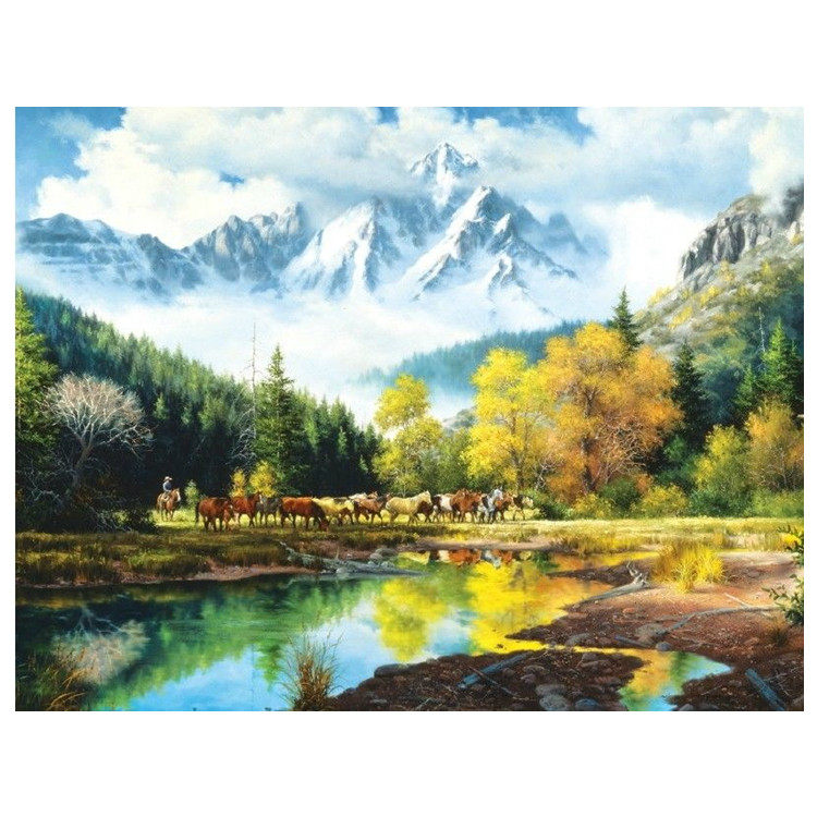 印花包邮新款DMC纯棉线十字绣套件客厅书房大幅油画冰山下的马群