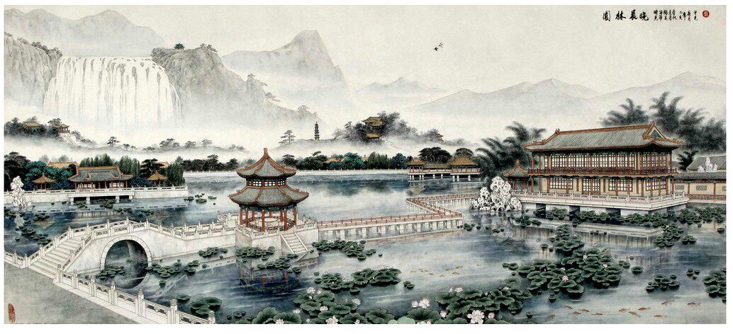 印花包邮法国DMC纯棉绣线十字绣套件中国风客厅大画横版 园林晨晓