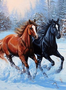 印花包邮DMC纯棉线十字绣套件动物世界名画Horses Runnin雪中奔马