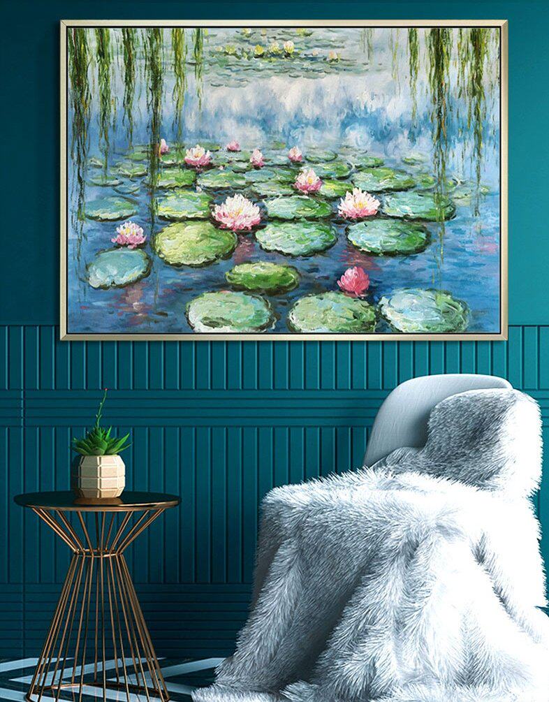 印花新款dmc纯棉十字绣套件 客餐厅 世界名莫奈油画 睡莲与垂柳