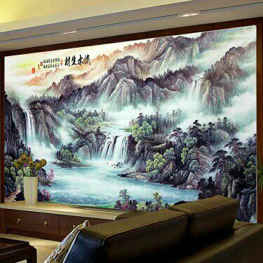 包邮印布白色原装印花DMC纯棉绣线十字绣 客厅山水大画 流水生财