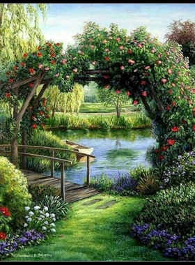 印花包邮法国DMC十字绣套件 客厅卧室玄关餐厅油画 绿色花园美景
