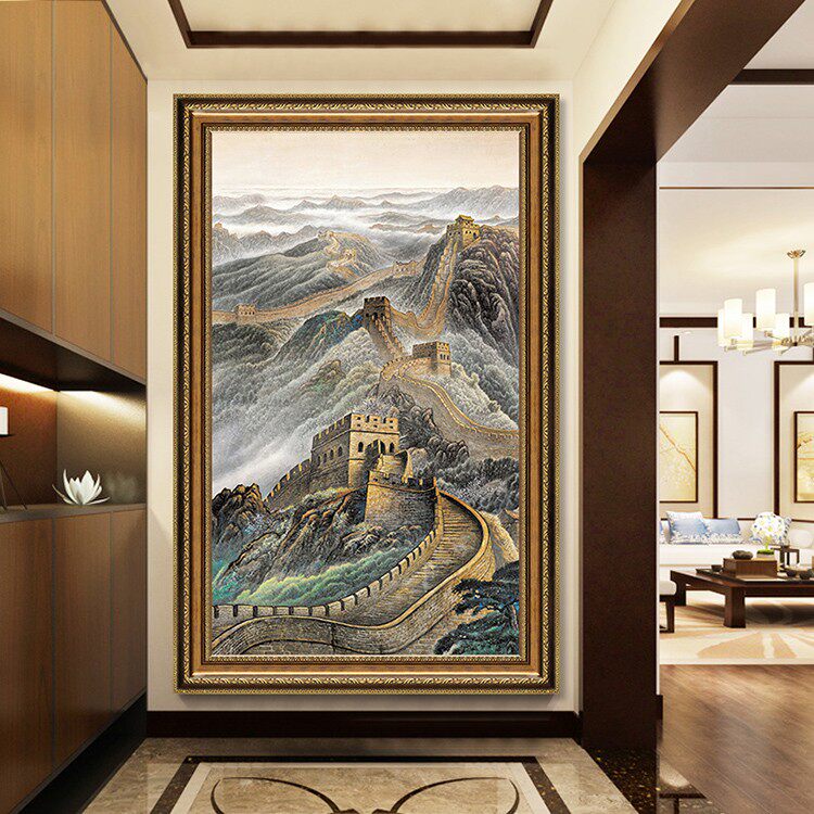 新款印花DMC十字绣 客厅玄关竖版装饰画过道风景画油画靠山图长城