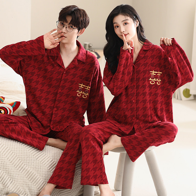 신혼 여성 잠옷 웨딩 커플 세트 순면 봄 가을 남성 붉은 띠 긴팔 겨울 가정복