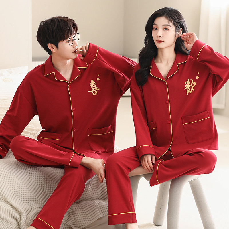 신혼 여성 잠옷 웨딩 커플 세트 순면 봄 가을 남성 붉은 띠 긴팔 겨울 가정복
