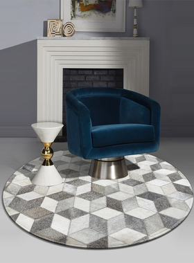 电脑椅梳妆台垫灰色圆形牛皮书房地毯真皮拼接皮毯立体图案2F