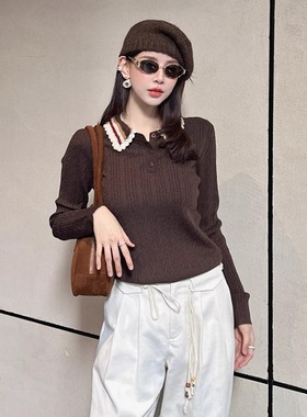 DI-SUI迪素正品2025秋冬新品女装01133撞色精致钩花翻领修身毛衣