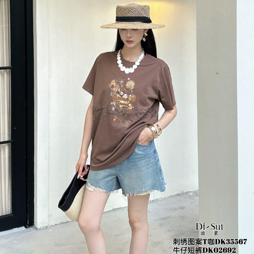 DI-SUI迪素欧货2026夏季新品女装35567舒适圆领蕾丝刺绣图案上衣