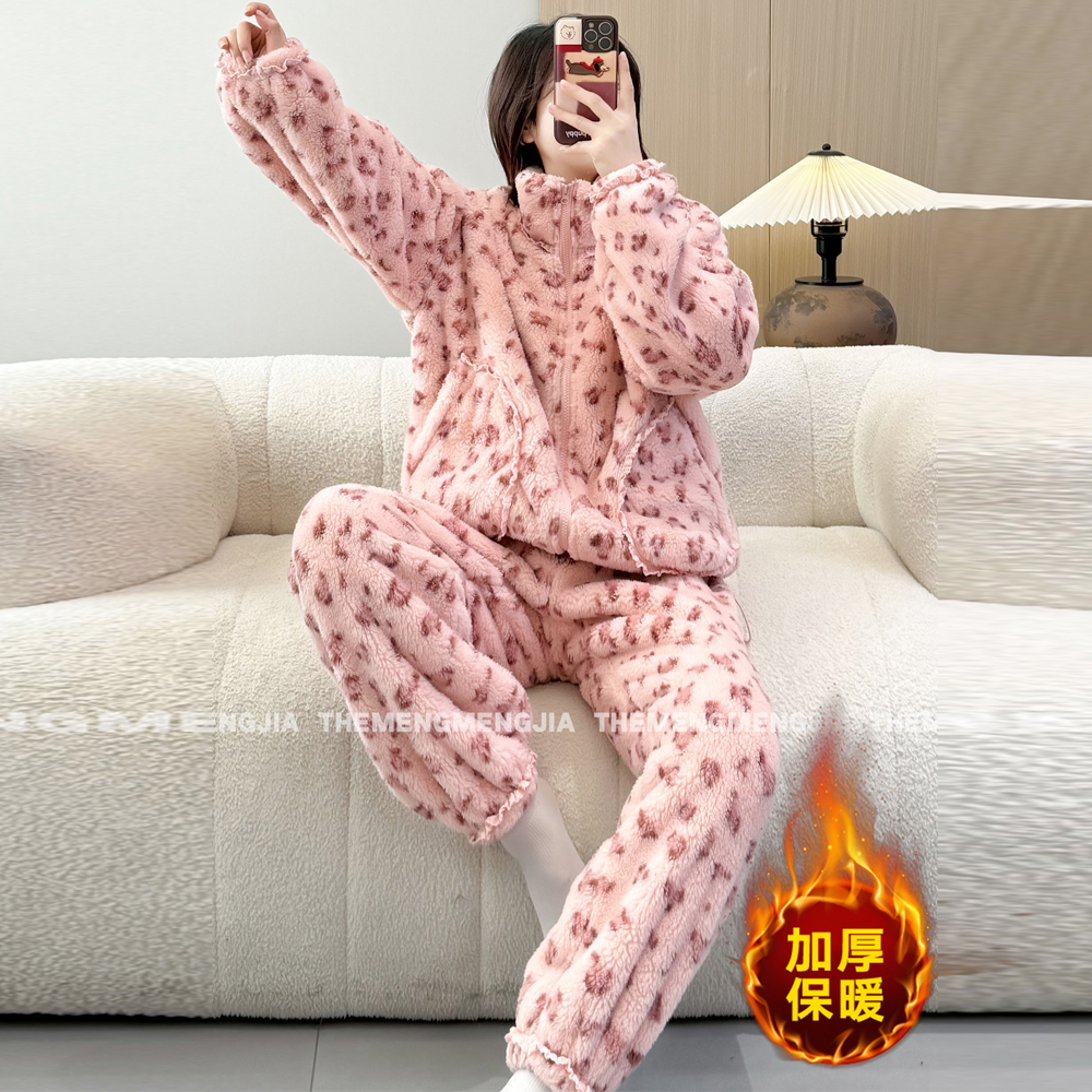 冬季时尚豹纹印花睡衣女双面加厚保暖花边拼接家居服两件套可外穿