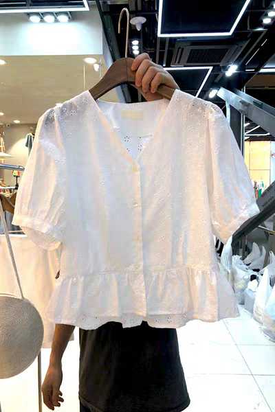 韩版甜美学生宽松显瘦小清新荷叶边白色v领棉麻上衣短袖衬衫女夏|ruв категории Женская одежда, рубашка - от Buy2taobao.com для оказания профессиональной услуги покупки агента Taobao