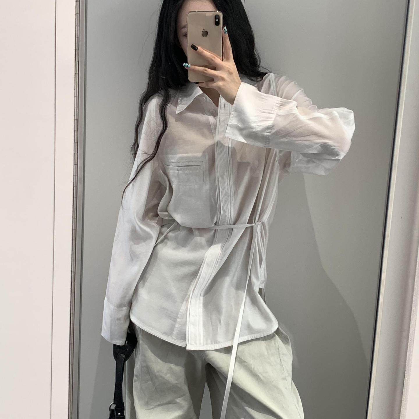女生中长款系带收腰长袖衬衫