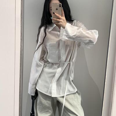 女生中长款系带收腰长袖衬衫