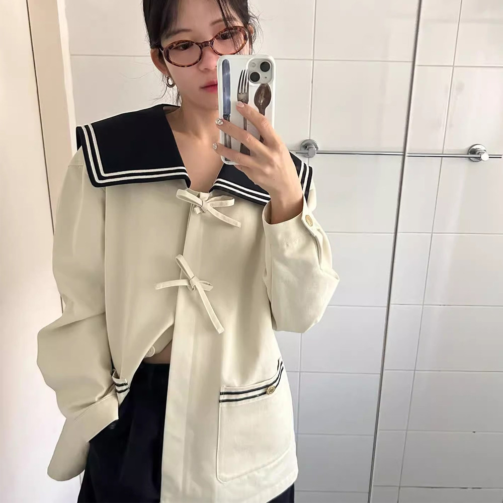 虞书欣同款复古可爱海军领蝴蝶结绑带减龄学院风宽松短款长袖外套
