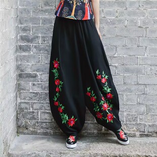 2026春夏季民族风复古绣花棉麻大码阔腿裤女宽松休闲萝卜裤灯笼裤