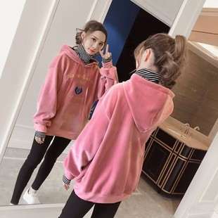 2025新款加厚加绒假两件连帽金丝绒卫衣女冬宽松休闲刺绣上衣外套