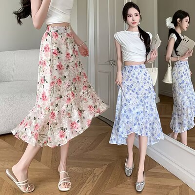 2025新款印花雪纺半身裙女夏季大码鱼尾裙高腰不规则中长裙荷叶裙
