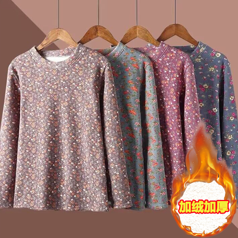 妈妈秋冬装加绒套头保暖T恤上衣