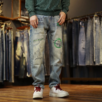 美式高街夏季破洞补丁假破洞牛仔裤男宽松直筒显瘦百搭长裤ins潮