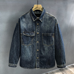 长袖 春秋高街美式 衬衣外套 男士 冈山高阶复古丹宁水洗重磅牛仔衬衫