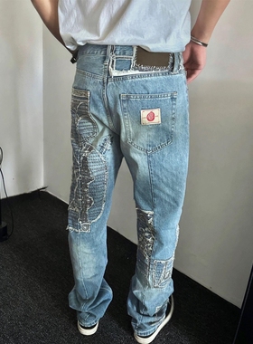 2025布拼接水洗牛仔裤vujade重工刺绣直筒长裤ken同款做旧春夏