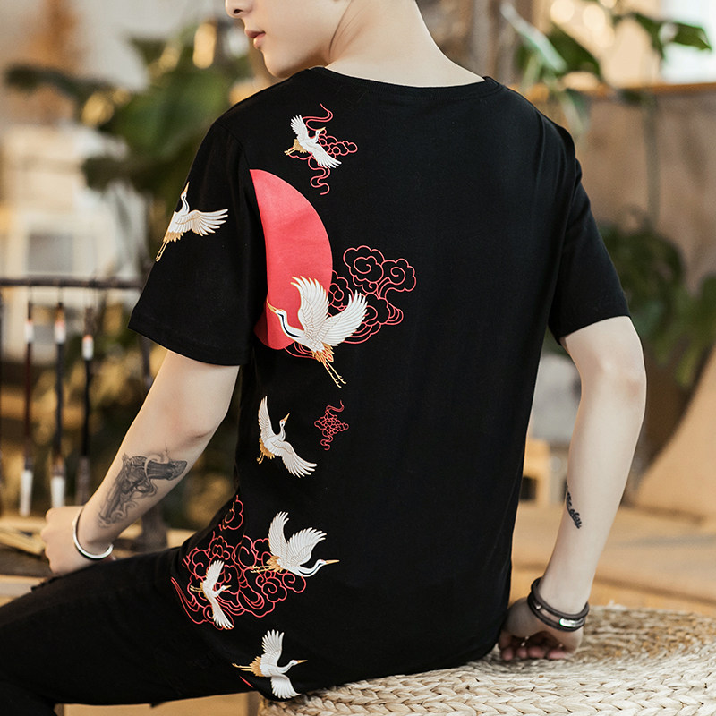 常年款现货春夏季风仙鹤前刺绣后印花T恤短袖上衣B370-T18P35,男装T恤,电商B370-A