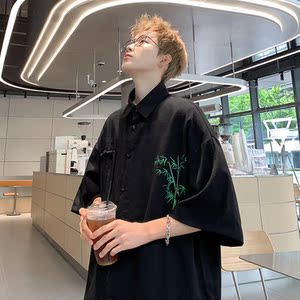 夏秋季新中式风复古竹子印花竹节棉短袖衬衫B370-CS2411特P40图片
