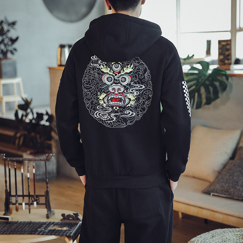 秋冬季风日系刺绣连帽卫衣宽松套装B370-TZ27P80,男装休闲套装,电商B370-A