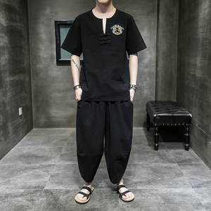 常年款春夏秋季风刺绣套装棉麻T恤短袖七分裤B370-TZ41P50图片