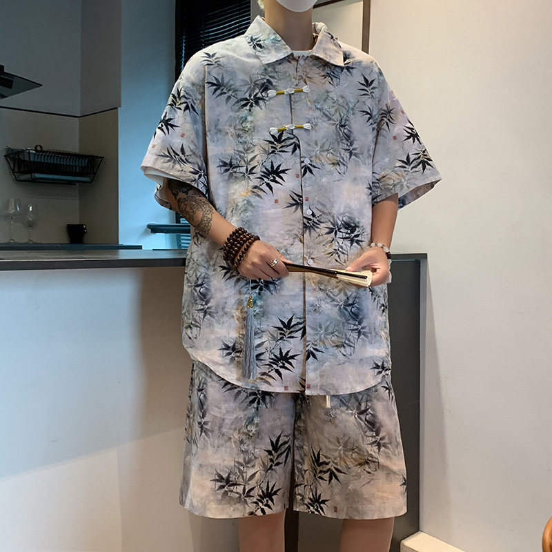 夏季新中式风冰丝宽松上衣花衬衫沙滩裤套装XTZ2419-特P65,男装衬衫,电商B370-A