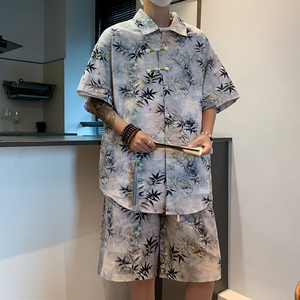 夏季新中式风冰丝宽松上衣花衬衫沙滩裤套装XTZ2419-特P65图片